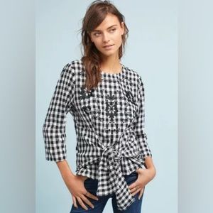 Seen Worn Kept Black and White Gingham Embroidered Checkered tie blouse Anthro